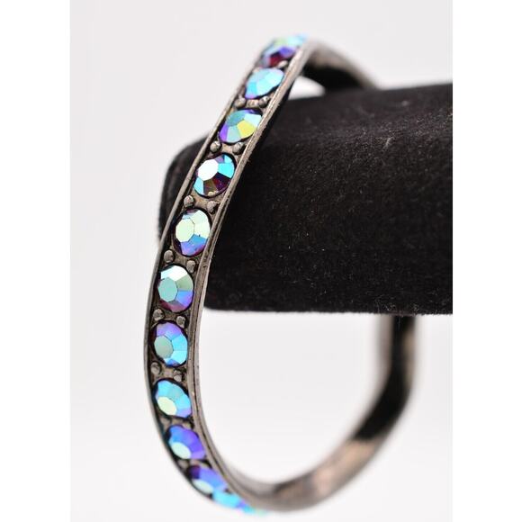 YSL Vintage Crystal Bangle Bracelet Blue Gunmetal Yves Saint Laurent Signed Bin2 - Picture 1 of 12